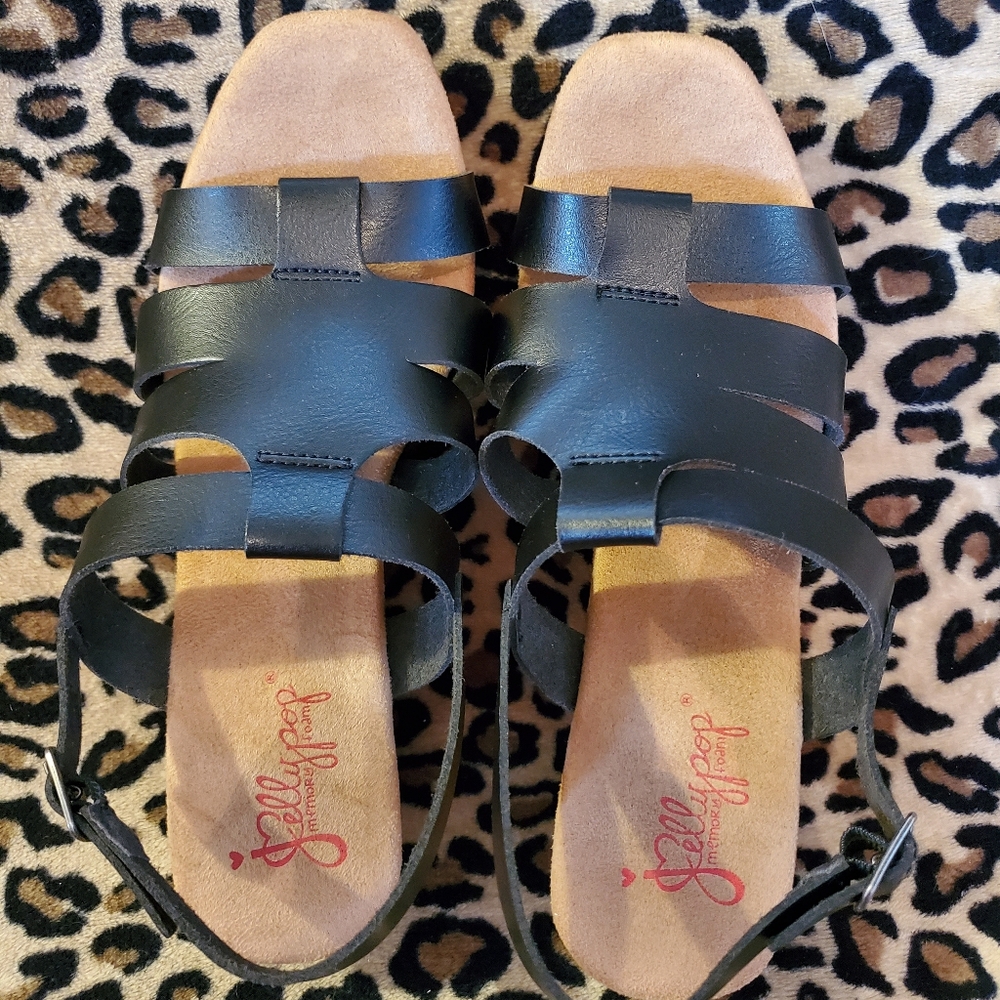 Jellypop Memory Foam Wedge Platforms 9M Black Strappy Sandal Black 4" Heel NWT - Picture 2 of 11